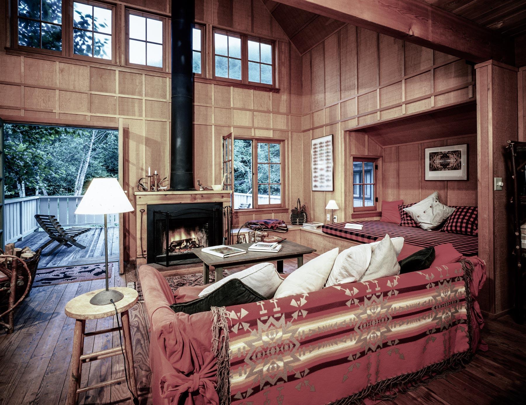 cabin living room with fire place