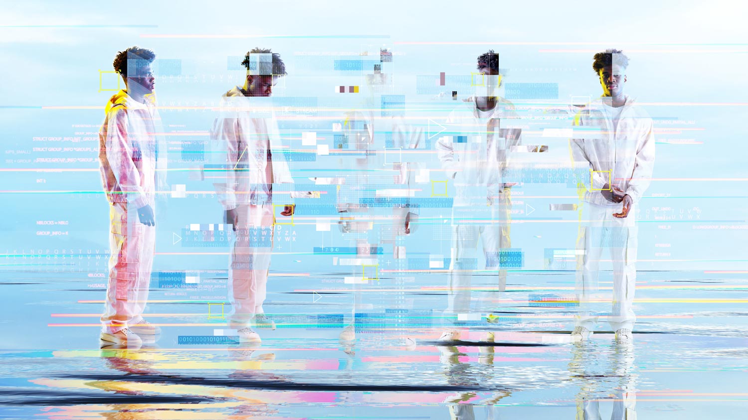 Digital generated image of man standing on reflective water surface being transformed into another version of himself. Metaverse concept.