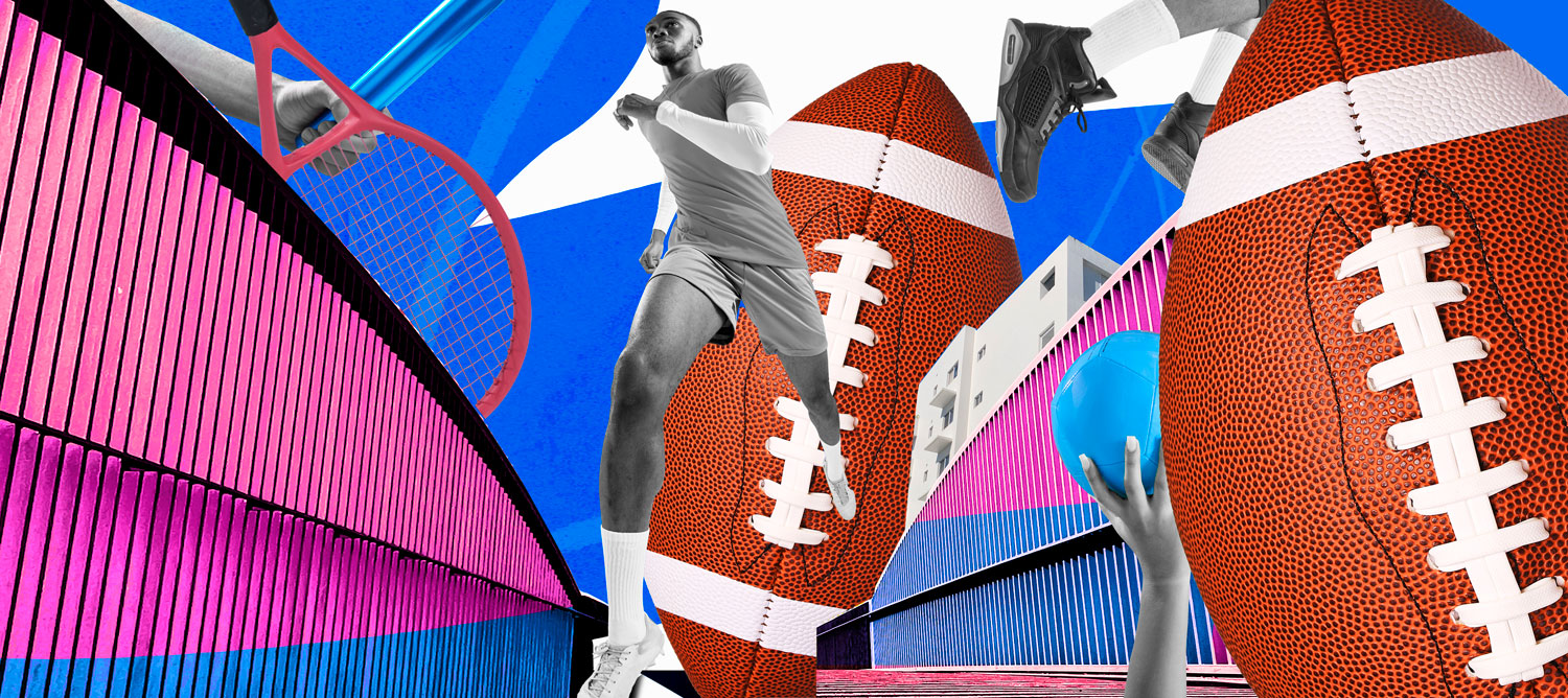 Person running on an abstract sports background highlighting footballs and tennis