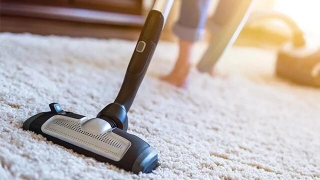 Person steam cleaning carpet in living room