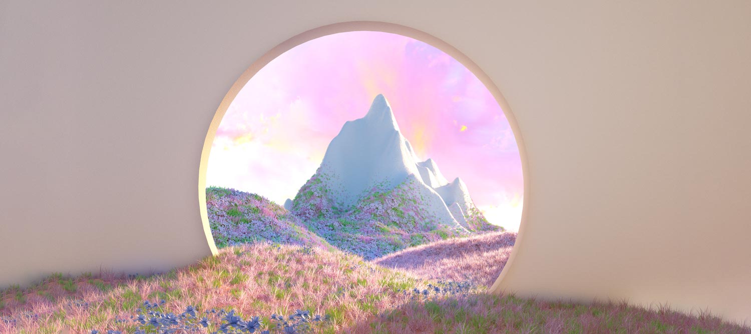 White mountain view through wall surrounded by pink plants and rolling hills