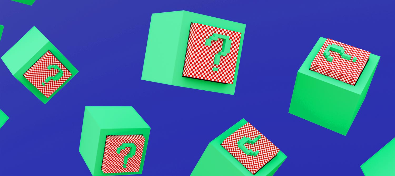 3d render of orange and green question mark cubes