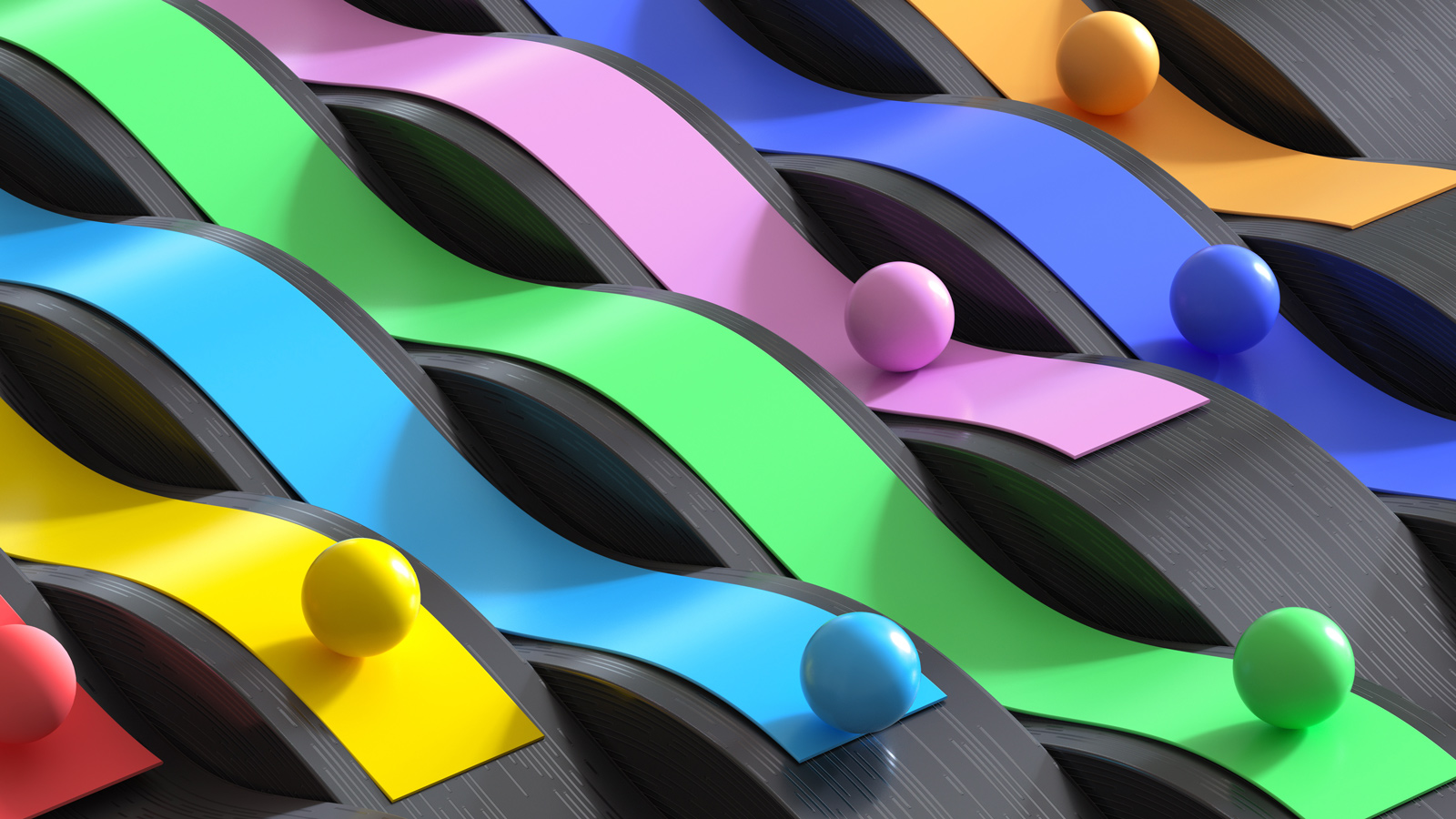 Digital generated image of abstract multicolored curved ribbons with spheres rolling on them on digital black wavy surface.