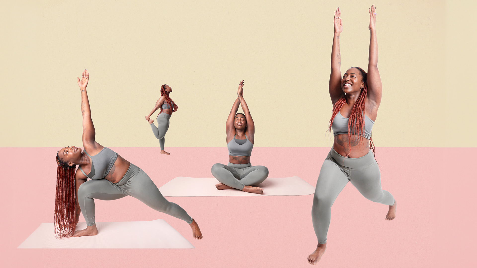 Multiple images of woman practicing yoga in collage environment