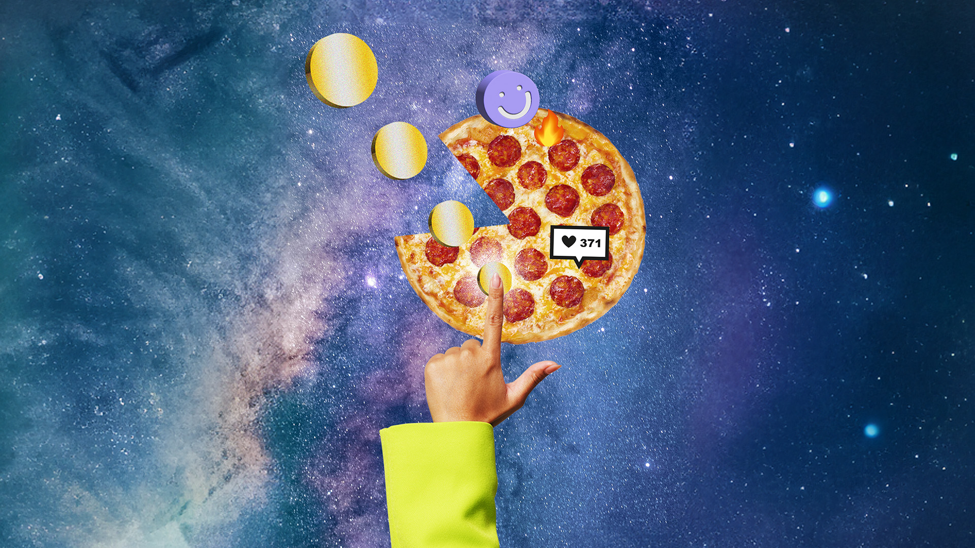 Collage image symbolising buying goods and services online. Digital AI Pizza. Virtual pizza party.