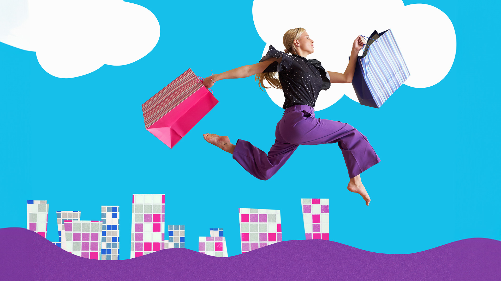 Woman running mid-air carrying shopping bags with montage city background