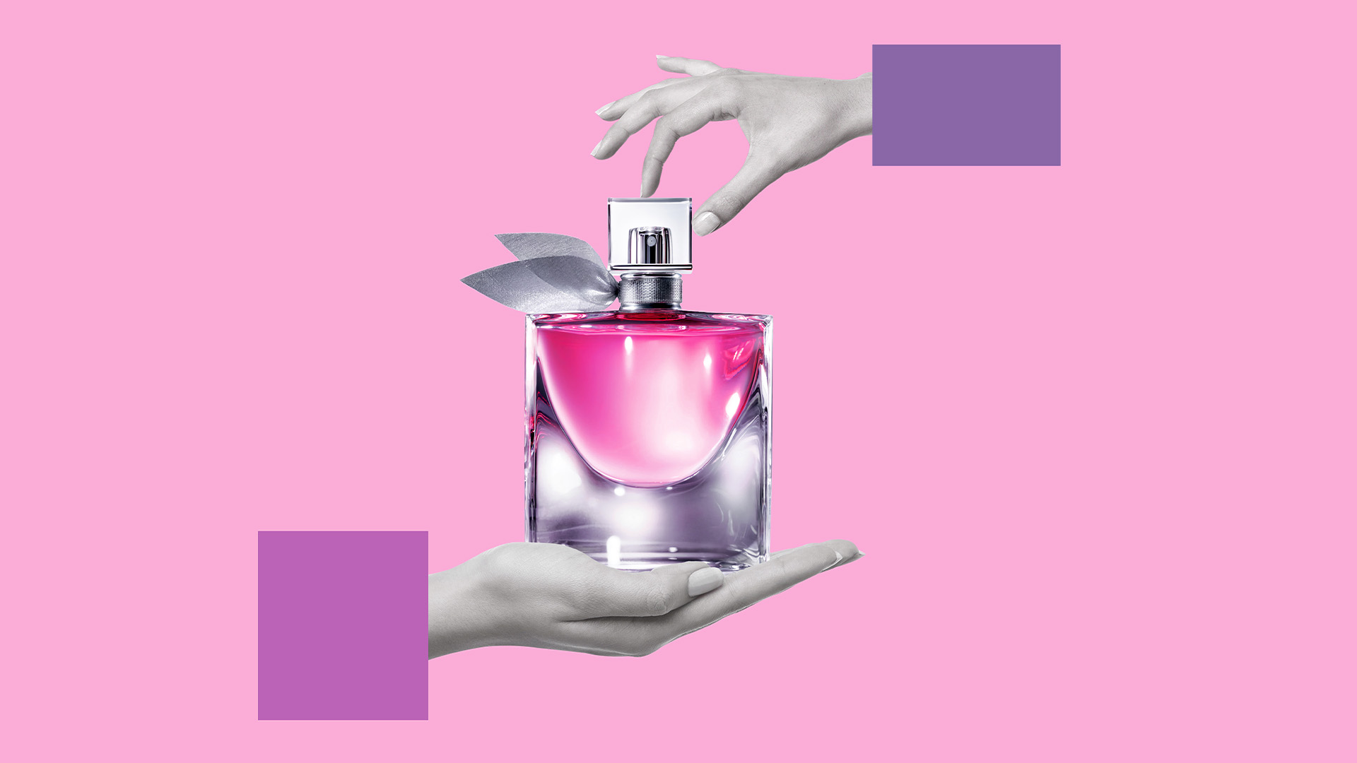 Contemporary art collage of human hands holding women's perfume. A beautiful spray bottle. Modern luxury ladies fragrance. Modern design.