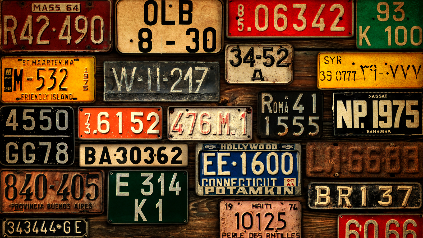 Wall of vintage license plates