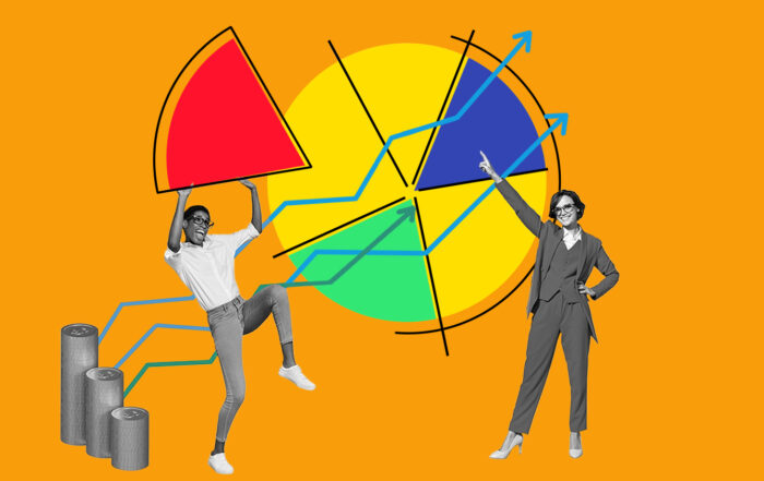 two people in front of a cartoon graph with orange background