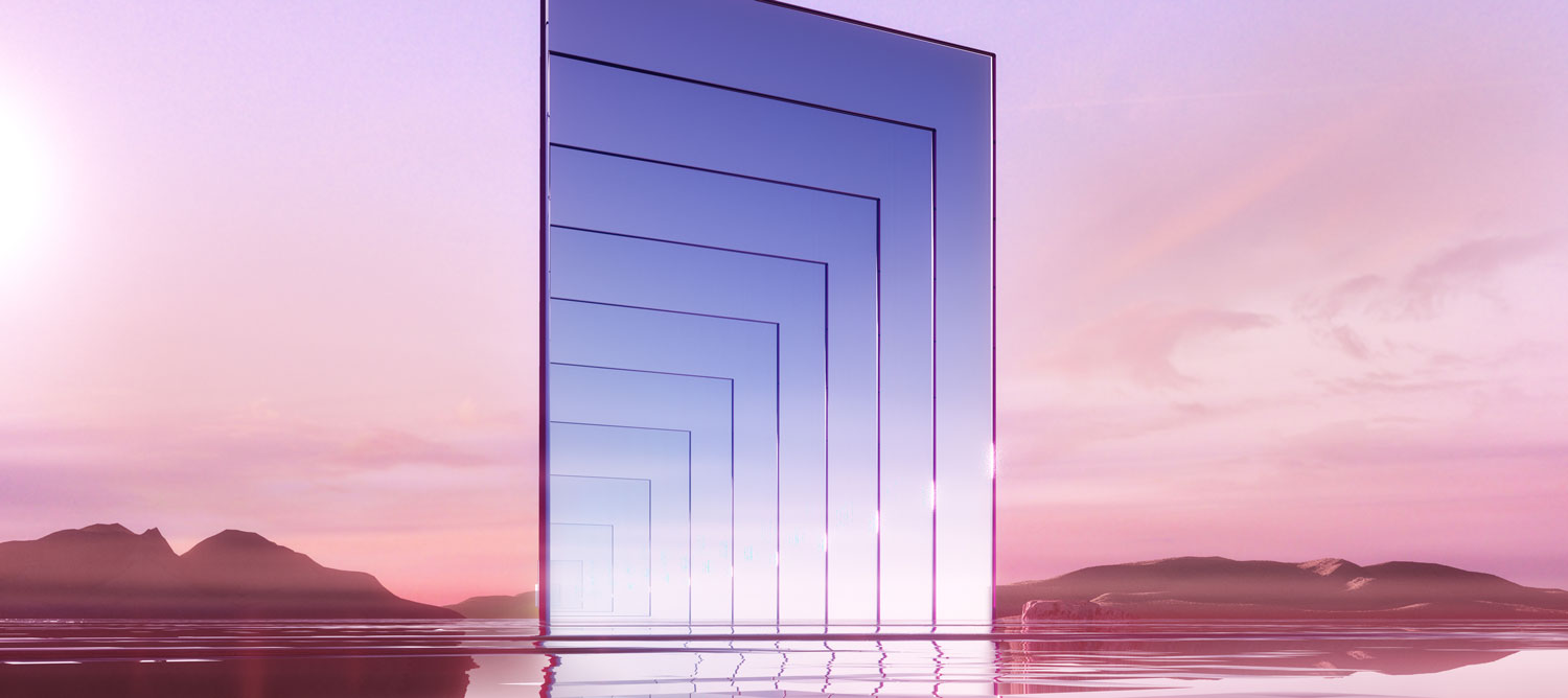 Digital generated image of portal gate on sunset sky. Metaverse concept.