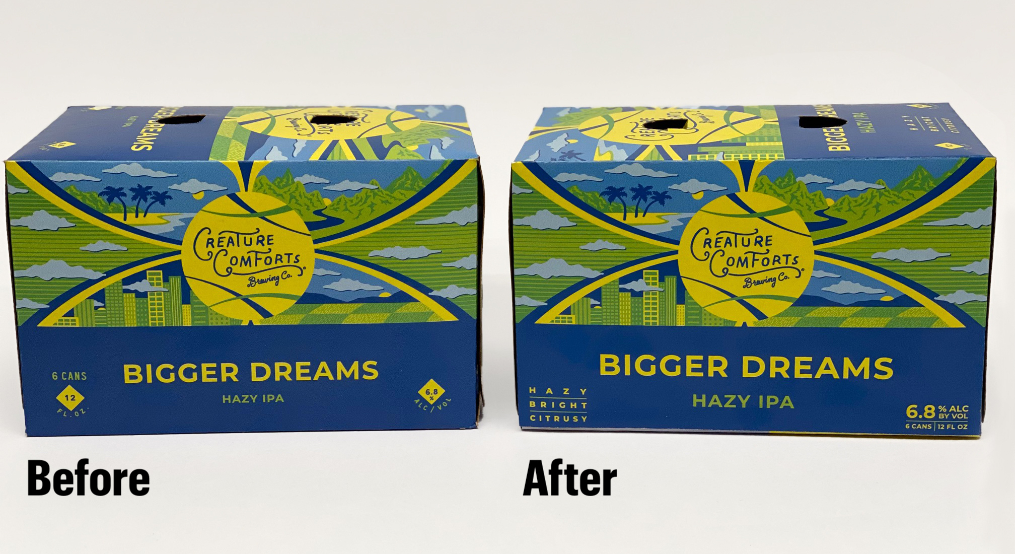 Before and after composite image of Creature Comforts Hazy IPA packaging redesign