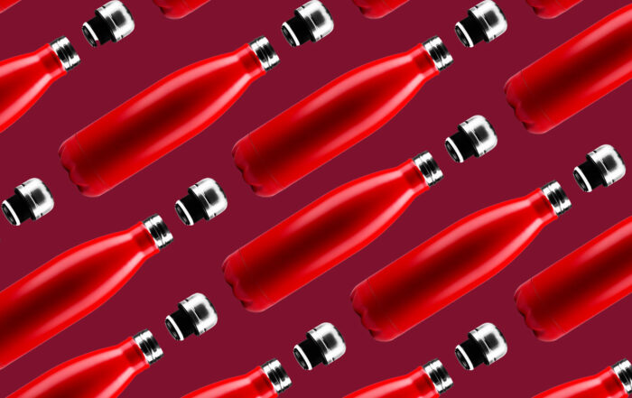 Bottle pattern. Set of eco colorful reusable steel thermo water bottles of red color, isolated on white background. Zero waste.