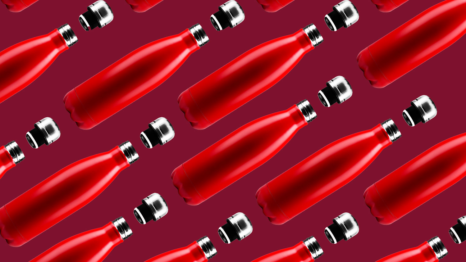 Bottle pattern. Set of eco colorful reusable steel thermo water bottles of red color, isolated on white background. Zero waste.