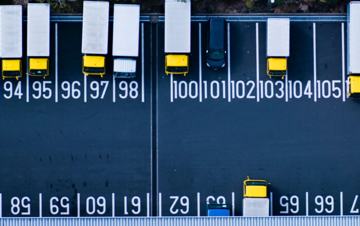 aerial view of parking lot with numbered stalls
