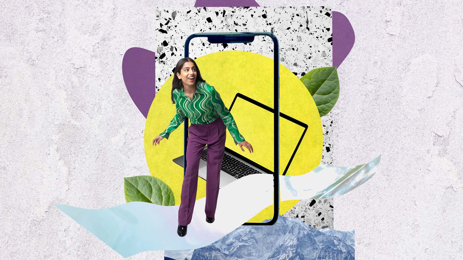 Collage image of woman stepping out of the digital world into the real world