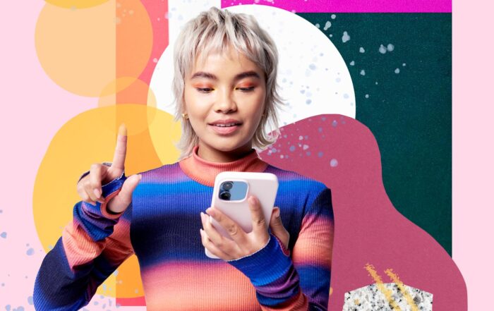young fashionable woman swiping on smartphone