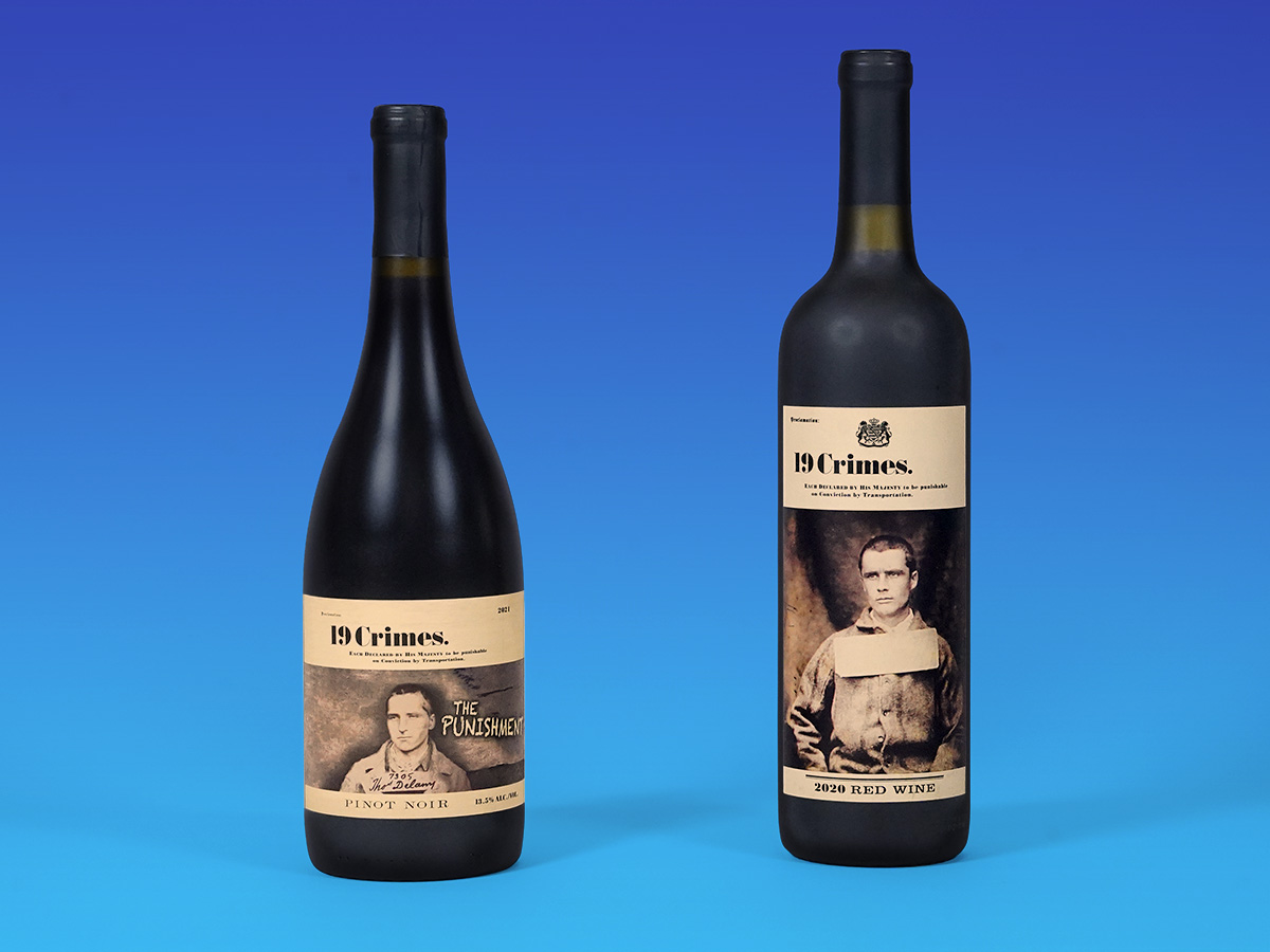 19 Crimes red wine and pinot noir product packaging