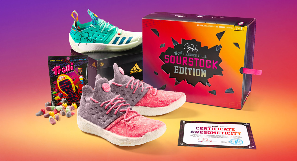 Trolli and James Harden collaboration Sourstock sneakers product packaging