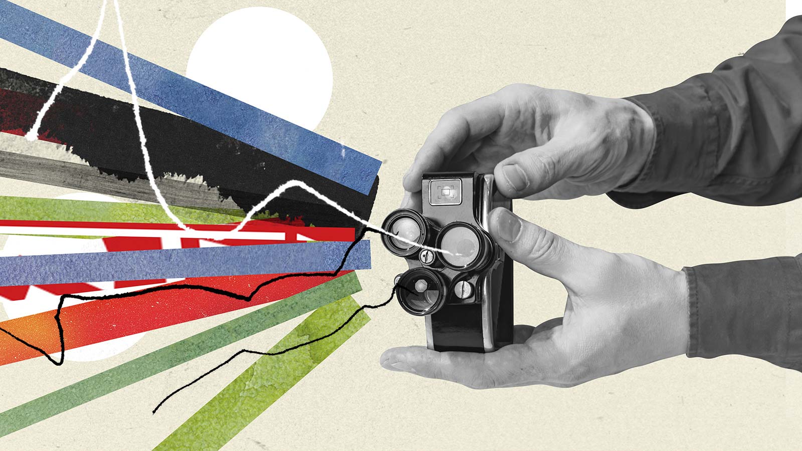 Male hands holding vintage camera equipment. Making art, movies and memories. Contemporary art collage. Y2k style
