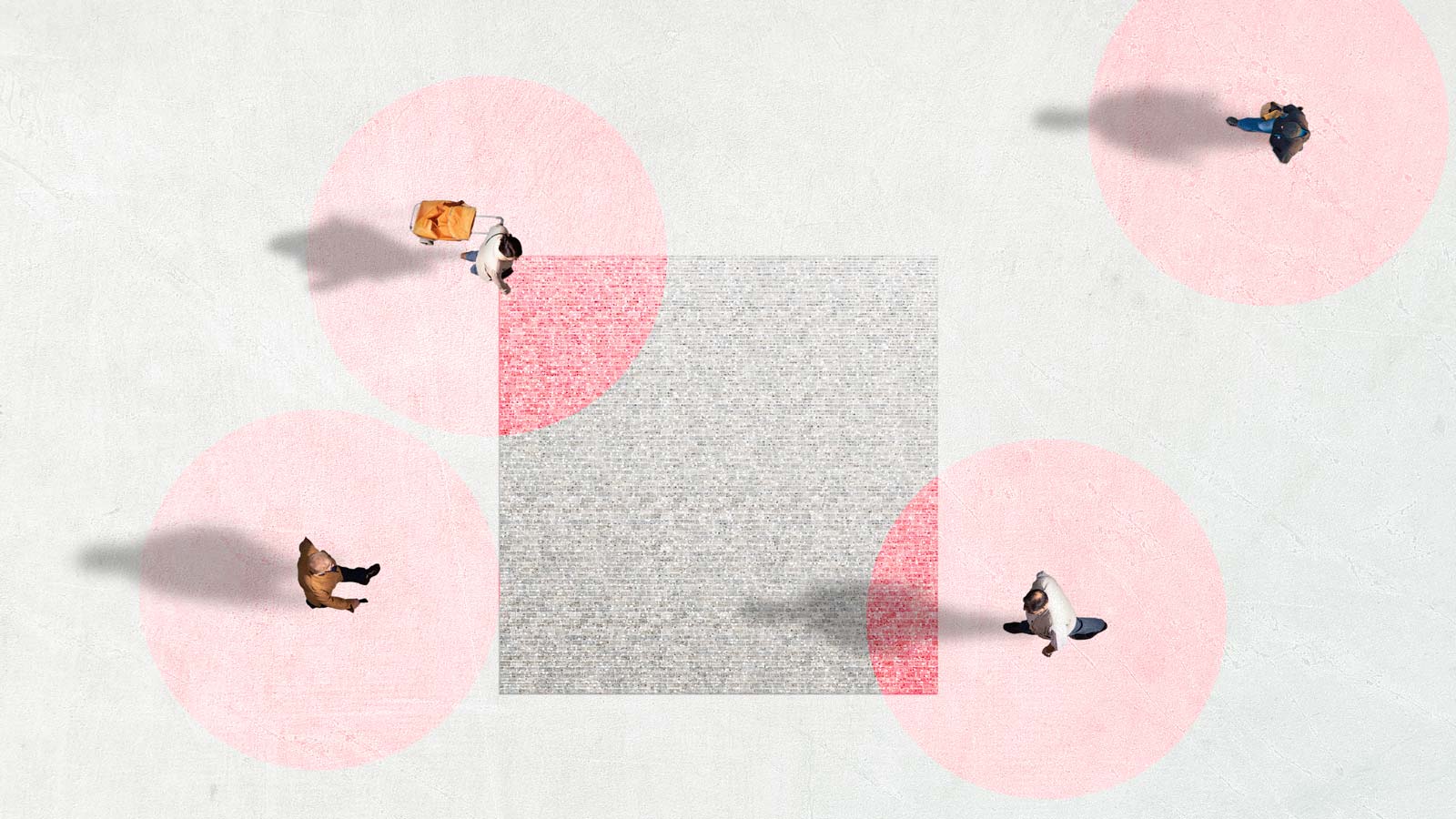 Aerial view of people being identified with circles while walking toward square frame of focus