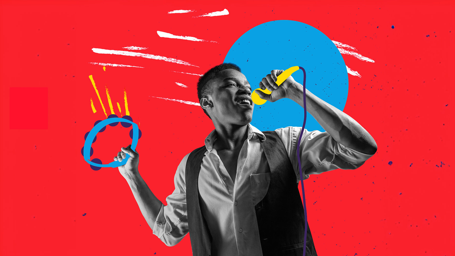Singer with drawn microphone on bright colorful background. Contemporary art collage, modern design. Male model with brith drawings. Concept of music, art, creativity, inspiration