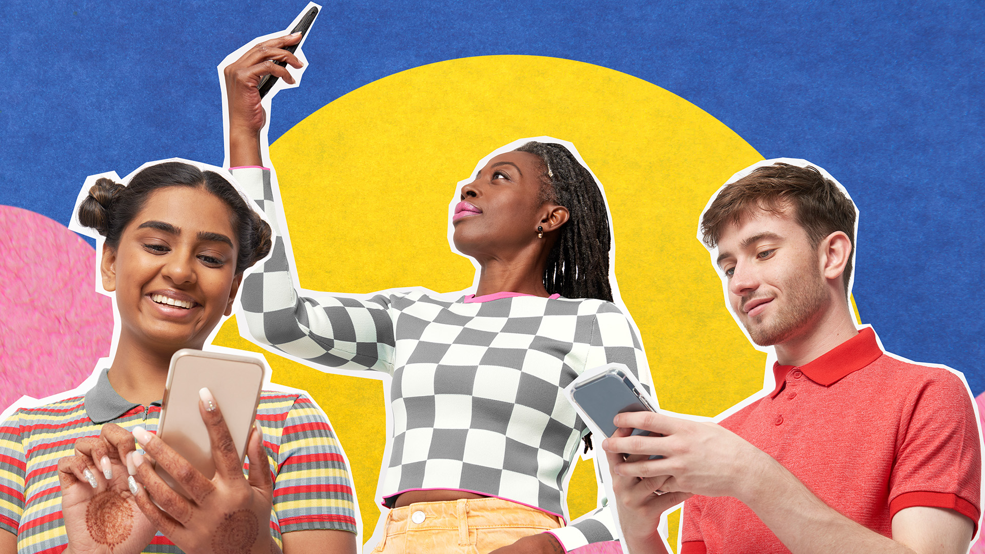 Collage of a group of people using smart phones on colourful background