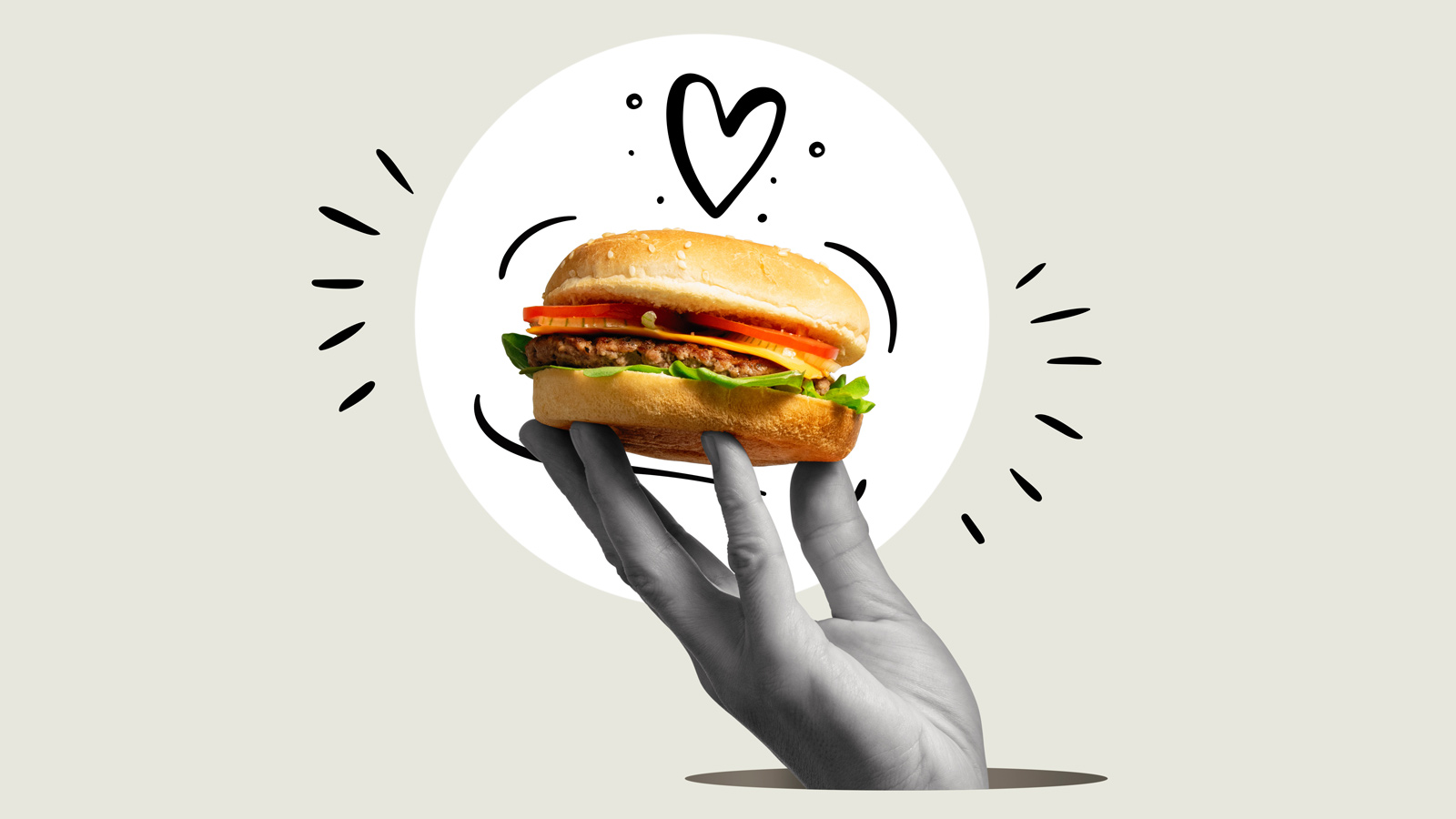 Emphasis markings and heart surround a hand holding a hamburger like a trophy.