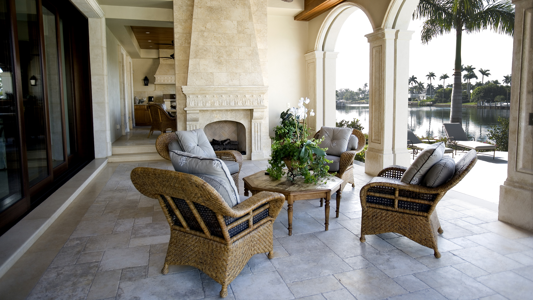 Patio furniture overlooking the Naples Bay