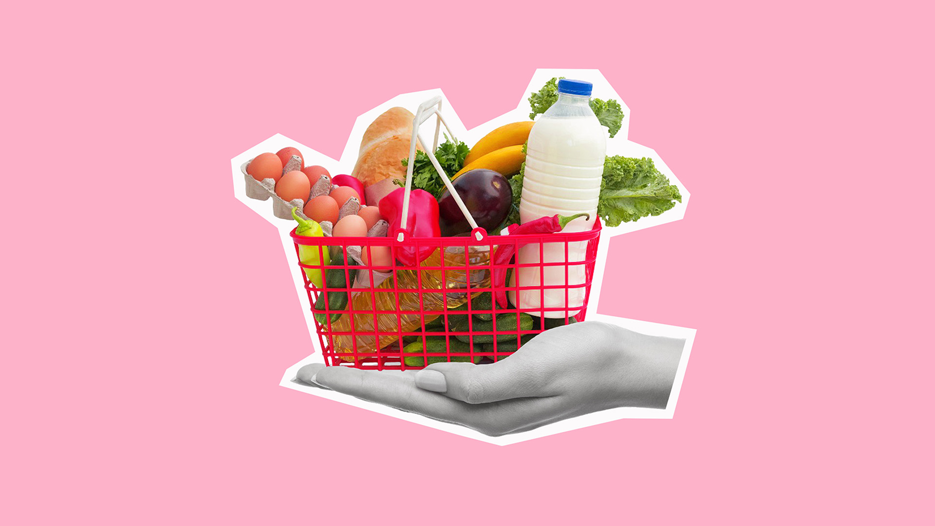 Contemporary art collage of hand holding shopping basket with groceries. Go shopping concept. Modern design. Copy space for ad.