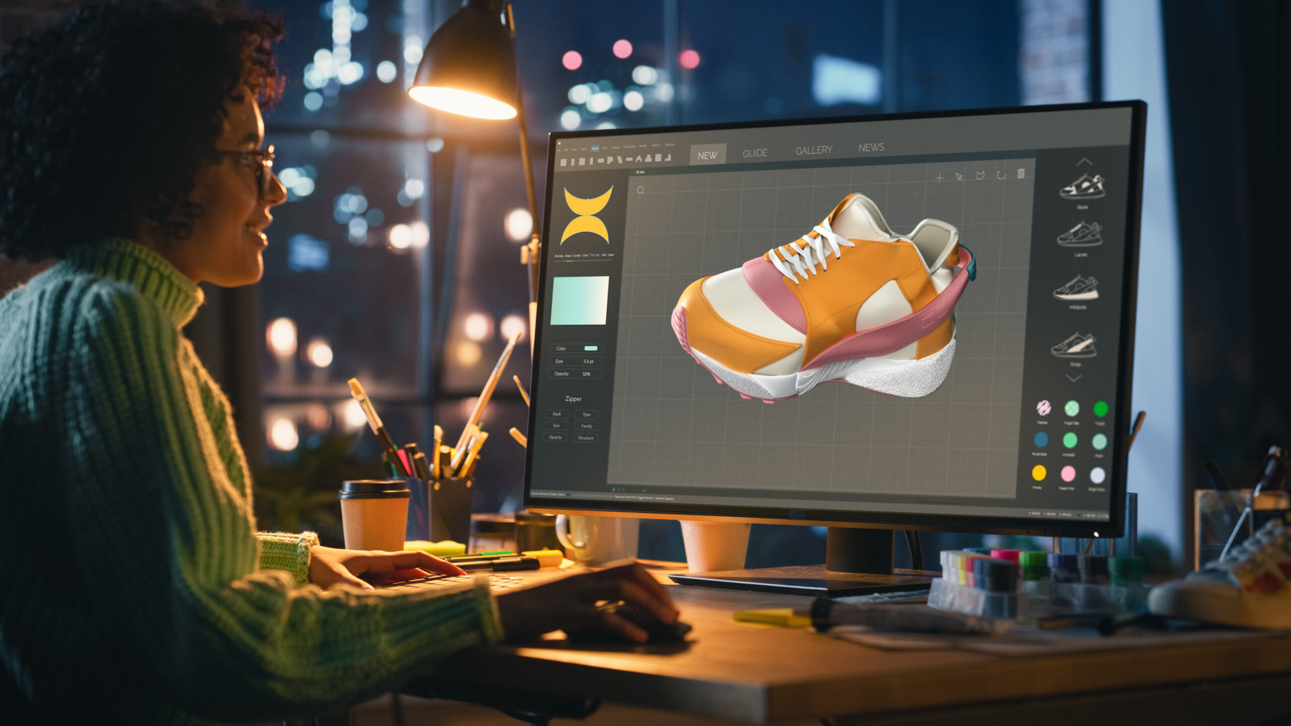 Black Teenage Woman Creating and Rendering 3D Model of Unique Sneaker on Powerful Personal Computer, Working in the Evening. Freelance and Talented Millennial People Concept.