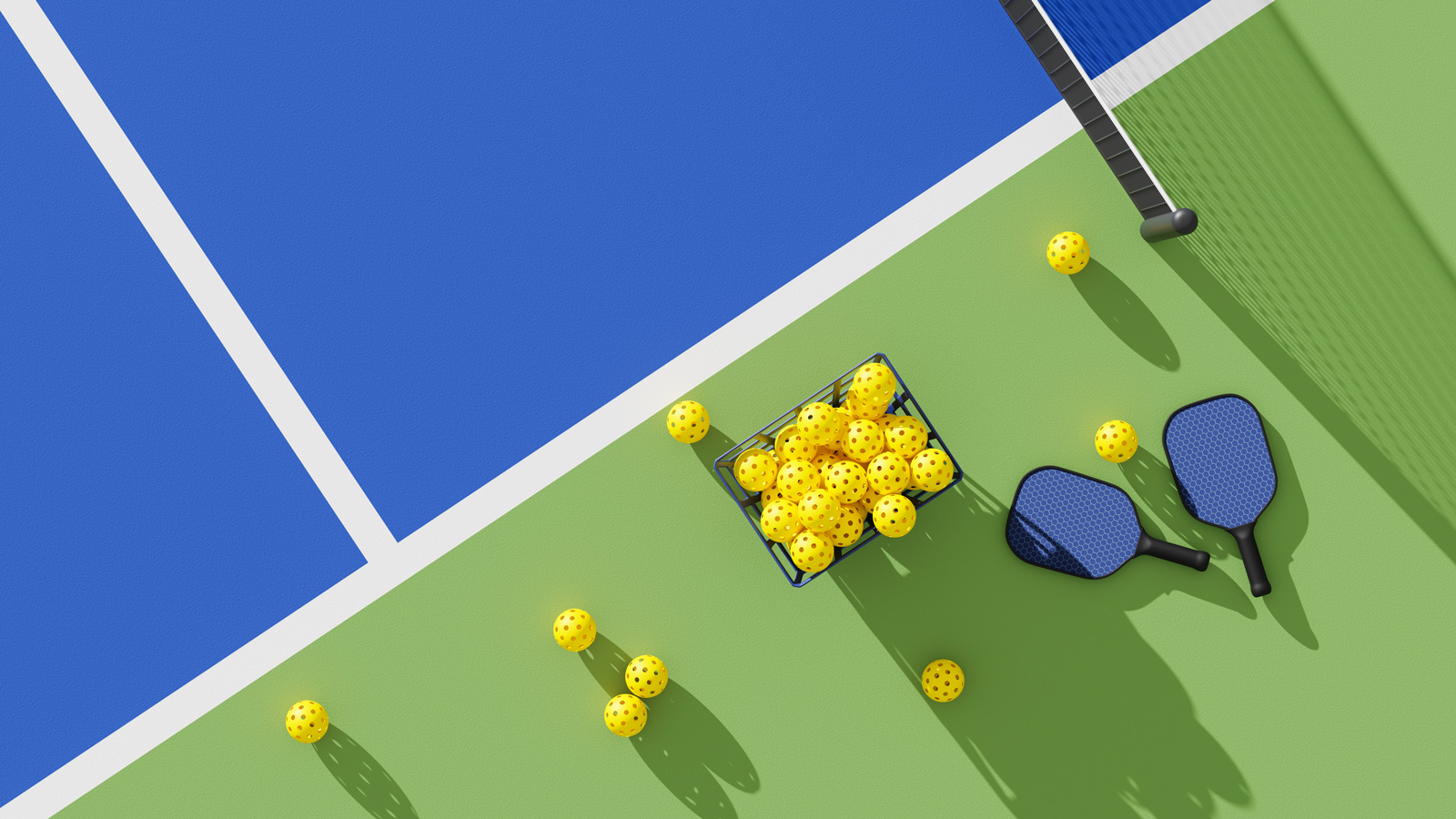 Two Pickleball paddles and basket of balls on court. Top view. 3d illustration, render.