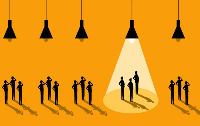 Groups of people gathered under ceiling lamps with one group illuminated