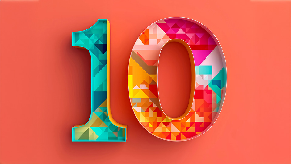 Colorful number ten with geometric shapes