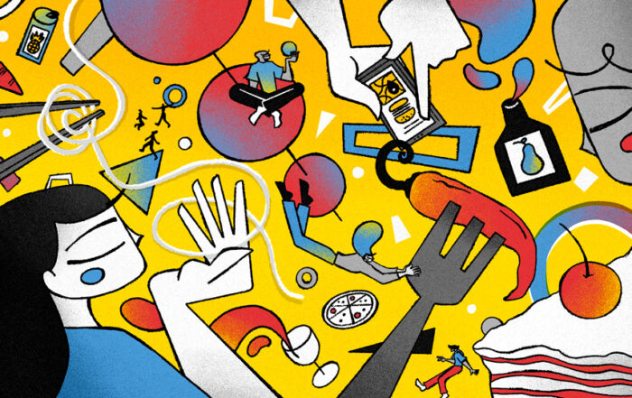Gen Z consumer trying various flavors of food. Illustration by Fernando Cobelo for Quad.