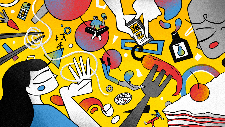 Gen Z consumer trying various flavors of food. Illustration by Fernando Cobelo for Quad.