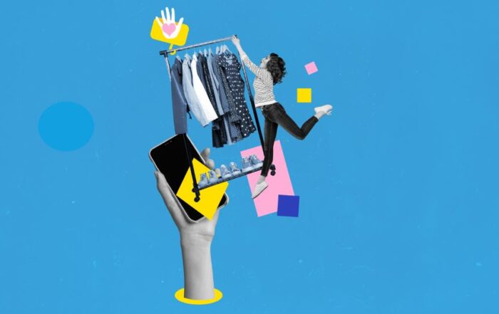 Collage of a young shopaholic purchasing clothing and a hand holding a smartphone