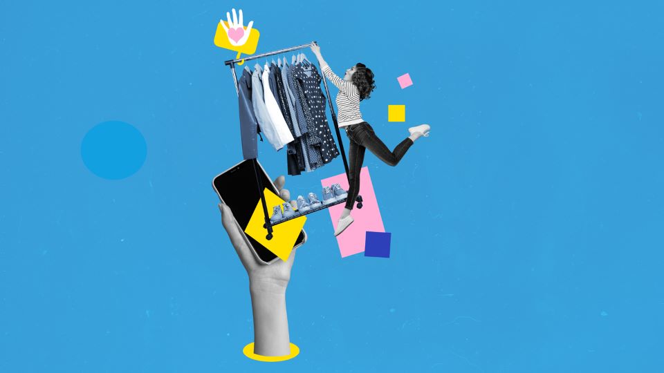 Collage of a young shopaholic purchasing clothing and a hand holding a smartphone