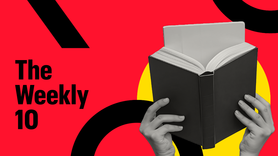 Hands holding a book with "The Weekly 10" in the background