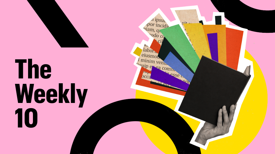 Collage de recortes de papel de colores y una mano sosteniendo un libro sobre un fondo rosa pastel con formas negras llamativas y un círculo amarillo. El texto dice "The Weekly 10".