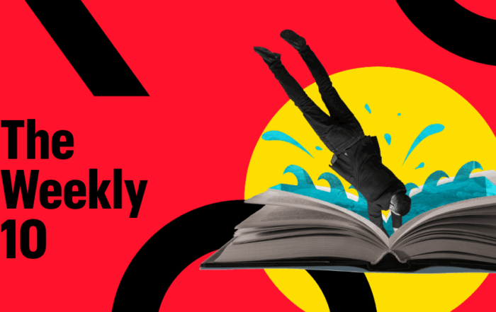 Black-and-white figure diving into an open book with splashing water effect, placed on a vivid red background with bold black graphics and a yellow circle. Text reads 'The Weekly 10'.