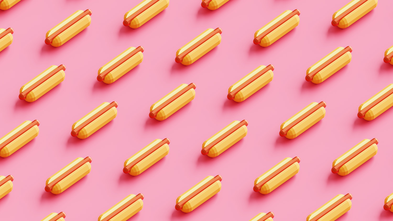 Digitally rendered hot dogs in a bun repeating against a pink background