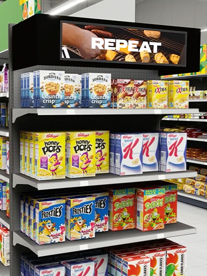 digital signage for supermarkets, grocery store ad screen example, store-level retail media network execution