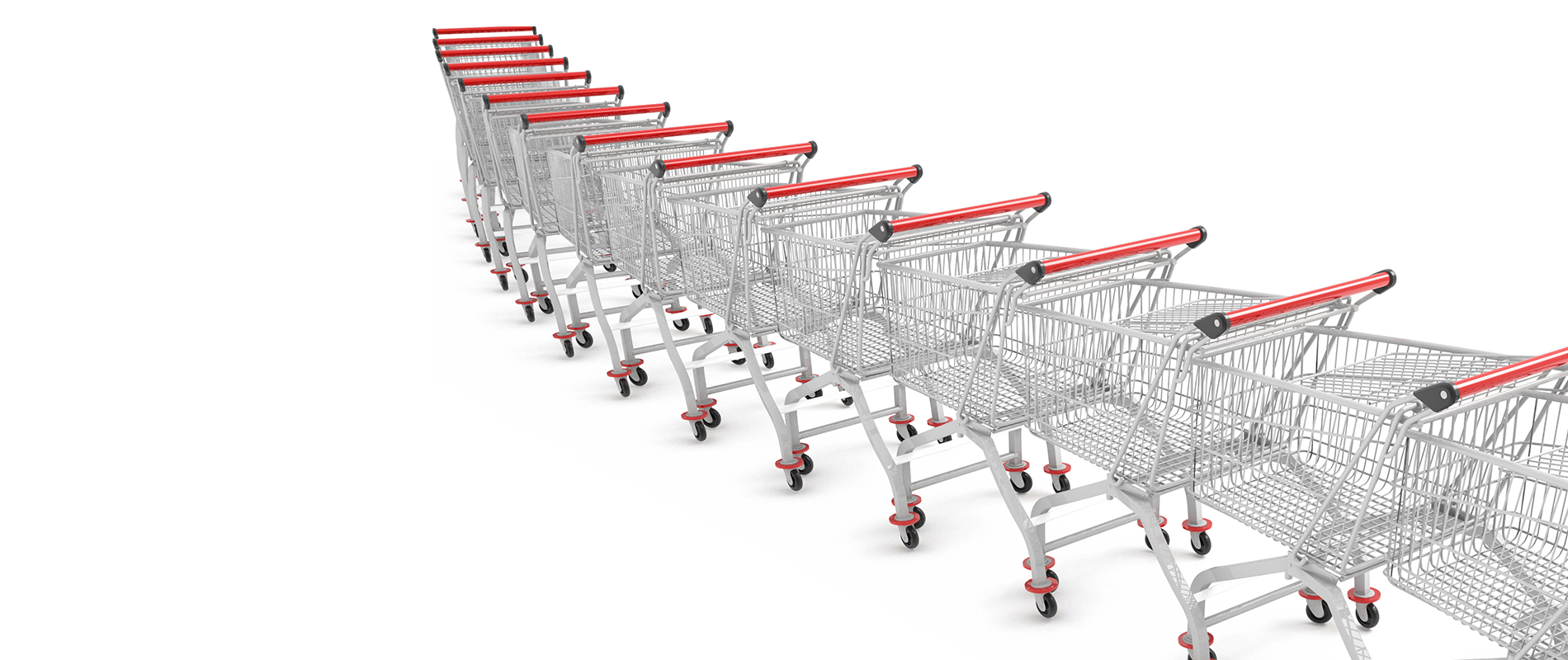 A row of shopping carts corralling to the left