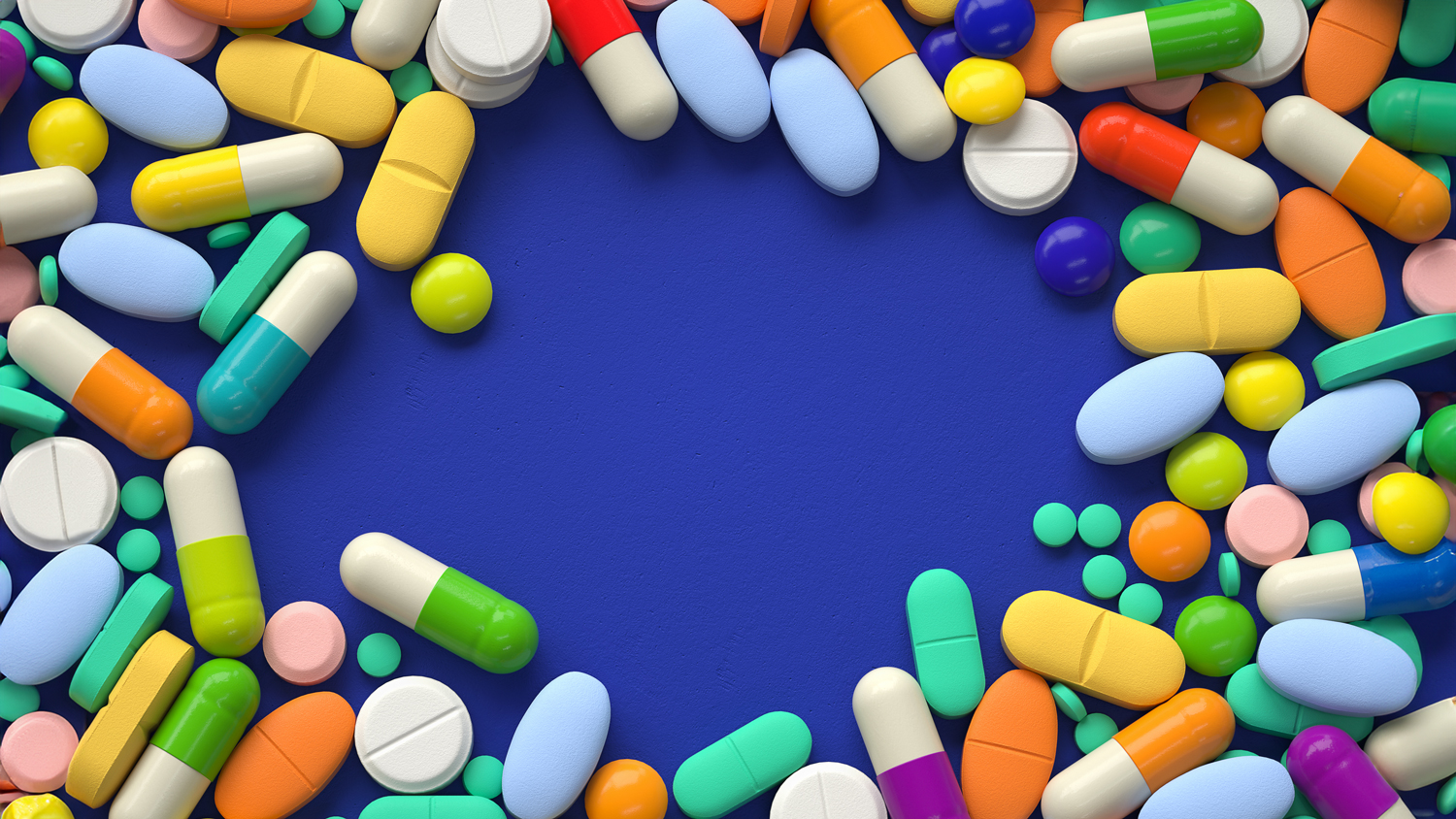 A large pile of colorful pills