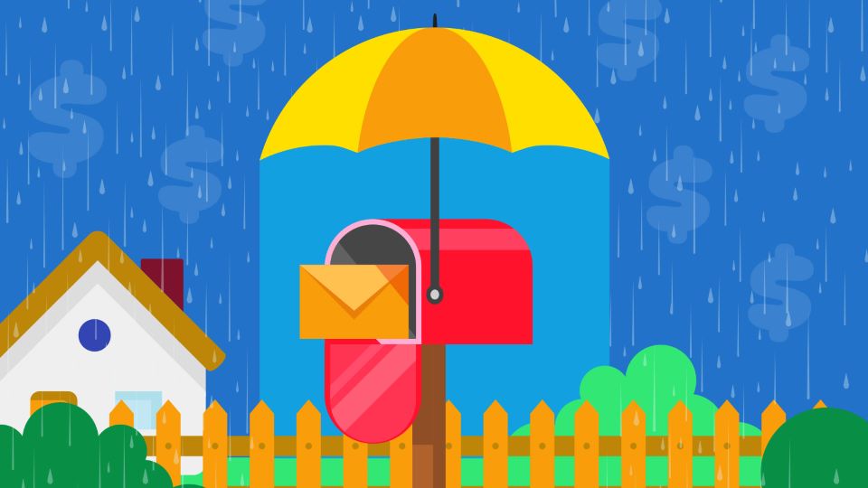 An umbrella protecting an open mailbox with a piece of mail in it from the rain and dollar signs