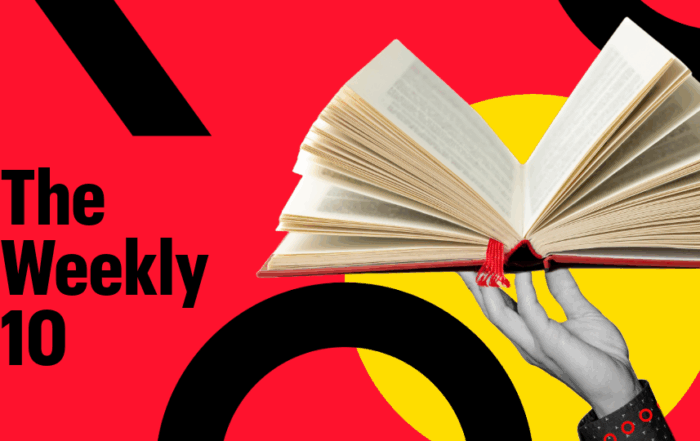 Hand holding open book. Text reads: The weekly 10