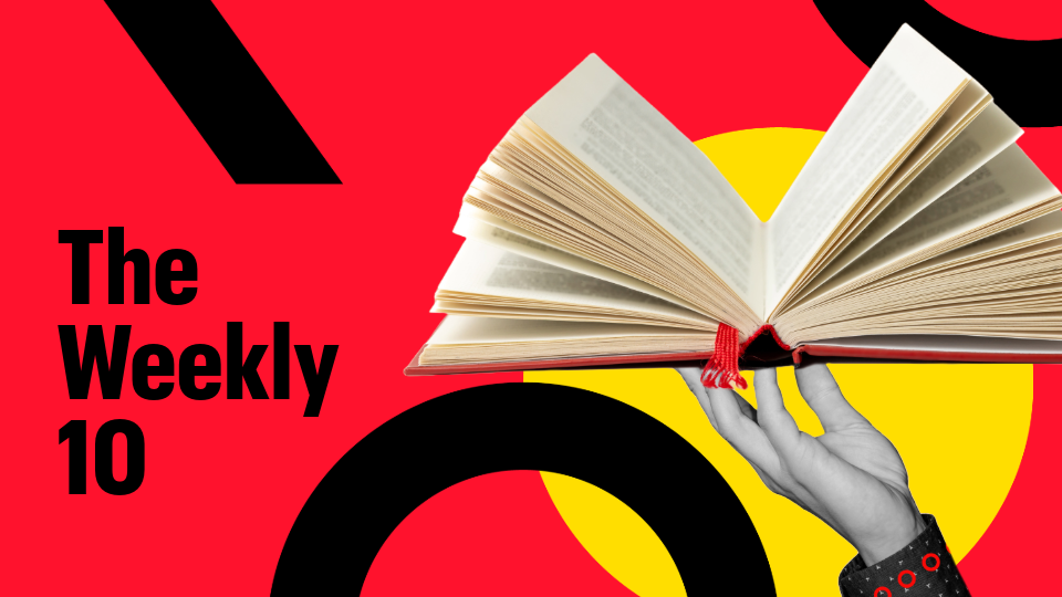 Hand holding open book. Text reads: The weekly 10