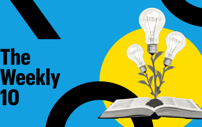 Lightbulbs growing from a book. Text reads: The Weekly 10