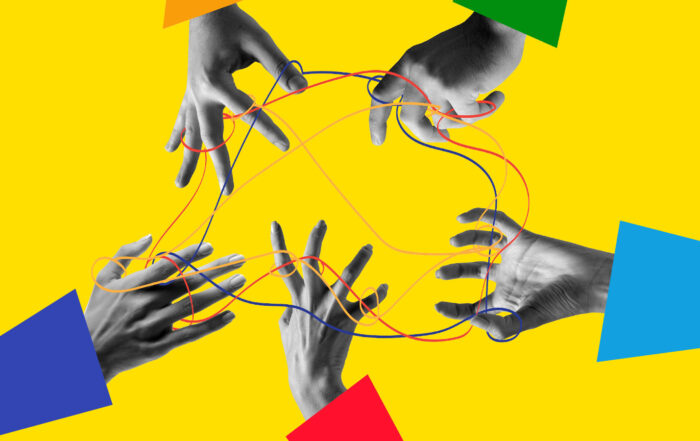 Human hands aesthetic on yellow background, artwork. Concept of human relation, community, symbolism, surrealism
