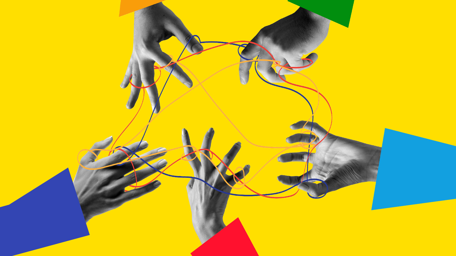 Human hands aesthetic on yellow background, artwork. Concept of human relation, community, symbolism, surrealism